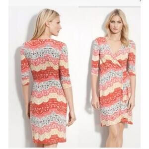 BCBG MAXAZRIA Wrap Dress Tereza Boho Art sz S Red White Yellow Medallion Print